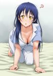 1girl ? all_fours alternate_costume bed bed_sheet blue_eyes breasts cleavage collarbone long_hair looking_at_viewer love_live!_school_idol_project nigou open_mouth pajamas solo sonoda_umi sweat yellow_eyes 