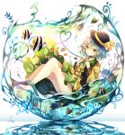  1girl air_bubble angelfish animal bangs barefoot blush closed_mouth clownfish collared_shirt coral dress_shirt dripping eyeball fingers_together fishbowl floating frilled_sleeves frills green_eyes green_hair hat hat_ribbon heart heart_of_string highres in_container komeiji_koishi long_sleeves reflection ribbon shirt short_hair skirt smile solo sweetroad third_eye touhou underwater upskirt water wide_sleeves yellow_shirt 
