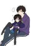  ... 1boy 1girl ? black_hair black_legwear blue_eyes breasts brother_and_sister brown_hair genderswap hood_down hoodie hug ichimatsu jacket karamatsu large_breasts long_hair long_sleeves looking_to_the_side naruse_makoto no_shoes osomatsu-kun osomatsu-san shorts siblings sitting sitting_on_person speech_bubble sunglasses sunglasses_on_head sweatdrop thigh-highs track_jacket younger 