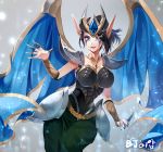  1girl alternate_costume alternate_hairstyle armor armored_dress artist_request black_hair blue_eyes happy league_of_legends morgana pointy_ears ponytail victorious_morgana wings 