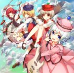  4girls above_clouds arms_up artist_name beige_hair black_hat black_shirt black_skirt black_vest blonde_hair blue_eyes blush brown_shoes collared_shirt drum drum_set drumsticks guitar highres horikawa_raiko instrument instrument_request jacket koto_(instrument) legs_up long_sleeves looking_afar lunasa_prismriver lyrica_prismriver merlin_prismriver miniskirt mitsudomoe_(shape) multiple_girls necktie nonomaro open_mouth pink_hat pink_shirt pink_skirt red_eyes red_hat red_necktie red_skirt red_vest redhead shirt shoes short_hair silver_hair skirt smile socks teeth tomoe_(symbol) touhou white_jacket white_legwear white_shirt white_skirt yellow_eyes 