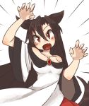  1girl animal_ears blush breasts brooch brown_hair collarbone dress fang imaizumi_kagerou jewelry kaginoni long_hair long_sleeves looking_at_viewer off-shoulder_shirt off_shoulder open_mouth red_eyes shirt solo tail touhou wide_sleeves wolf_ears wolf_tail 