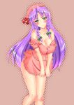 1girl ass blush bow braid breasts cleavage eburi_a embarrassed frilled_skirt frills green_eyes hair_bow hanging_breasts hat hat_bow head_tilt highres hong_meiling knees_together_feet_apart long_hair looking_at_viewer mob_cap pink_shirt pink_skirt purple_hair reflective_eyes remilia_scarlet remilia_scarlet_(cosplay) ribbon-trimmed_collar ribbon_trim shiny shiny_hair shiny_skin shirt short_sleeves skirt skirt_tug solo thighs touhou twin_braids unbuttoned unbuttoned_shirt undersized_clothes very_long_hair wavy_mouth 