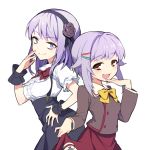  2girls :d bowtie breasts brown_eyes dagashi_kashi flower hair_flaps hair_flower hair_ornament hairband hairclip hand_on_hip hand_to_own_mouth high-waist_skirt idolmaster idolmaster_cinderella_girls koshimizu_sachiko multiple_girls open_mouth purple_hair seiyuu_connection shidare_hotaru short_hair sidelocks skirt_hold smile suspender_skirt suspenders taketatsu_ayana violet_eyes wrist_cuffs zn_(zzzzzni) 