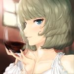  1girl alcohol artist_request blue_eyes brown_hair cup drinking_glass green_eyes heterochromia highres idolmaster idolmaster_cinderella_girls looking_to_the_side mole short_hair smile solo takagaki_kaede wine wine_glass 