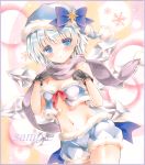  1girl :o alternate_costume bare_arms blue_eyes blue_hair border cirno colored_pencil_(medium) contrapposto cropped_vest fur_trim gloves gradient gradient_background hair_ornament hat hat_ribbon looking_at_viewer marker_(medium) midriff navel open_clothes open_vest potto_(minntochan) ribbon sample santa_hat scarf short_hair shorts snowflakes solo star_hair_ornament touhou traditional_media vest wings 