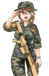  1girl blush boonie_hat brown_hair camouflage dutchko green_eyes gun m110_sass military military_uniform open_mouth original patches rifle saliva salute scrunchie simple_background sniper_rifle solo sweat tears trembling uniform weapon white_background wristband 
