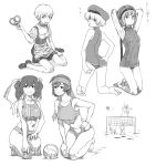  4girls :d alternate_costume arms_up breasts commentary_request flat_chest gufu6 hand_on_hip hands_on_own_knees hat headband hiryuu_(kantai_collection) kantai_collection kneeling large_breasts looking_at_viewer looking_back monochrome multiple_girls one-piece_swimsuit open_mouth pretzel short_hair sitting skirt smile souryuu_(kantai_collection) sportswear swimsuit translation_request twintails volleyball volleyball_net volleyball_uniform wariza z1_leberecht_maass_(kantai_collection) z3_max_schultz_(kantai_collection) 