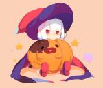  1girl baal_(shiomachi) cape child halloween hat object_hug original red_eyes shiomachi solo white_hair witch_hat younger 