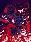  1girl absurdres black_hair blue_hair bodysuit butterfly chang_go domino_mask eiffel_tower highres ladybug_(character) magical_girl marinette_cheng mask miraculous_ladybug polka_dot red_ribbon ribbon sky smile solo star_(sky) starry_sky symbol-shaped_pupils twintails 