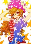  1girl adjusting_clothes adjusting_hat american_flag_legwear american_flag_shirt bangs blonde_hair clownpiece cowboy_shot darjeeling_(reley) hands_on_headwear hat highres jester_cap long_hair open_mouth red_eyes short_sleeves small_breasts solo star starry_background thighs touhou very_long_hair wavy_hair white_background 