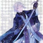 1boy 2015 black_gloves blue_coat character_request checkered checkered_background coat glasses gloves highres holding_weapon katana nisei_(tanny) solo sword touran-sai violet_eyes weapon white_hair 