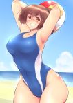  1girl armpits arms_up ball beach beachball bifidus breasts brown_hair grin kantai_collection looking_at_viewer one-piece_swimsuit red_eyes short_hair smile solo swimsuit thighs wide_hips 