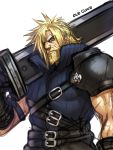  1boy arm_garter armband beard belt black_gloves blonde_hair blue_eyes buster_sword character_name cloud_strife commentary_request eye_scar facial_hair final_fantasy final_fantasy_vii gloves holding_sword holding_weapon huge_weapon looking_at_viewer male_focus manly muscle old older oversized_object scar shoulder_plates simple_background solo spiky_hair sword upper_body weapon white_background yapo_(croquis_side) 