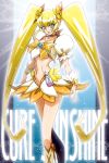  1girl bag blonde_hair boots bow breasts character_name cure_sunshine earrings fanny_pack hair_ribbon heart heartcatch_precure! highres jewelry knee_boots long_hair looking_at_viewer magical_girl midriff miniskirt myoudouin_itsuki navel precure puffy_short_sleeves puffy_sleeves raisuta ribbon short_hair short_sleeves skirt smile solo twintails under_boob very_long_hair wrist_cuffs yellow_bow yellow_eyes 
