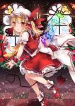  1girl bangs blonde_hair blush bow candle chestnut_mouth eyebrows eyebrows_visible_through_hair flandre_scarlet flower frilled_sleeves frills hat hat_ribbon holding_weapon lace-trimmed_legwear lace-trimmed_sleeves laevatein long_hair mob_cap puffy_short_sleeves puffy_sleeves red_bow red_eyes red_flower red_ribbon red_rose red_shoes red_skirt red_vest ribbon rose rose_bush shirt shoes short_sleeves side_ponytail skirt socks solo touhou toutenkou weapon white_legwear white_shirt wrist_cuffs 
