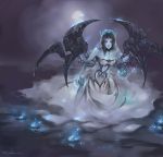  1girl blue_eyes blue_flower breasts chain choker cleavage dress ghost_bride_morgana league_of_legends long_hair moon morgana night pointy_ears riyokusakimori sky solo wedding_dress wings 