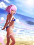  arched_back arms_behind_back back beach bikini blue_bikini blue_sky blurry blush clouds day depth_of_field expressionless floral_print frilled_bikini frills from_side hands_together highres hitodama horizon legs lens_flare looking_afar looking_to_the_side ocean perspective pink_eyes pink_hair rock saigyouji_yuyuko sand sarena short_hair sky string_bikini sunlight swimsuit thighs touhou water waves wind 