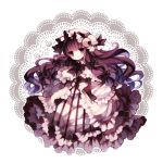  1girl book bow colored_pencil_(medium) dress frilled_dress frills hat highres long_hair marker_(medium) patchouli_knowledge purple_hair ribbon solo touhou traditional_media white_background wiriam07 