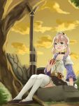  1girl apple atelier_(series) atelier_escha_&amp;_logy escha_malier food fruit green_eyes hair_ornament highres holding holding_fruit hrch72 open_mouth outdoors pink_hair sitting skirt solo thigh-highs twintails white_legwear 