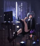  1girl blue_hair boots chair chips closed_curtains cup curtains desk eating flower heater indoors kettle looking_at_viewer maco monitor one_leg_raised open_mouth original red_eyes scarf school_uniform sheath sheathed side_slit sitting snack solo sword tagme weapon 