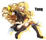  1girl ;d blonde_hair boots character_name long_hair looking_at_viewer mate@juken midriff navel one_eye_closed open_mouth rwby smile solo 