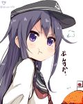 1girl :t akatsuki_(kantai_collection) amano_kouki anchor_symbol blush commentary_request flag flat_cap food hair_between_eyes hat highres kantai_collection long_hair looking_at_viewer looking_to_the_side messy_hair neckerchief okosama_lunch pout purple_hair rice school_uniform serafuku simple_background translation_request twitter_username uniform violet_eyes white_background 
