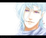  1boy aji_(coastal_area) artist_name backlighting blurry earrings engrish face jewelry jojo_no_kimyou_na_bouken kakyouin_noriaki letterboxed male_focus ranguage scarf silver_hair solo violet_eyes 