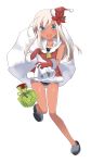  1girl bell blonde_hair blue_eyes edel_(edelcat) flower gift gloves hair_flower hair_ornament hat highres kantai_collection long_hair looking_at_viewer mini_hat open_mouth poinsettia ro-500_(kantai_collection) sack santa_costume santa_gloves santa_hat school_swimsuit simple_background slippers smile solo swimsuit swimsuit_under_clothes tan tanline white_background 