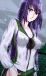  1girl blue_eyes busujima_saeko highschool_of_the_dead long_hair purple_hair rain school_uniform serafuku solo wet wet_clothes 