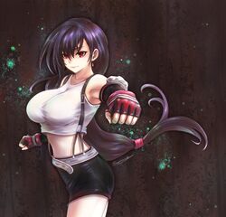  1girl black_hair breasts earrings elbow_gloves final_fantasy final_fantasy_vii fingerless_gloves gloves jewelry long_hair midriff red_eyes red_gloves senasky skirt solo suspender_skirt suspenders tifa_lockhart 