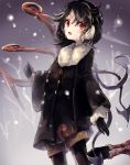  1girl adapted_costume alternate_costume asymmetrical_wings black_gloves black_hair black_legwear boots coat earmuffs gloves gradient gradient_background hisona_(suaritesumi) houjuu_nue long_sleeves looking_at_viewer open_mouth pantyhose red_eyes short_hair shorts snowing solo touhou wide_sleeves wings winter_clothes 