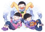  3boys ;3 arms_up black_hair blush brothers capri_pants cat cellphone closed_eyes earmuffs esper_nyanko glasses heart heart_in_mouth hoodie ichimatsu jyushimatsu male_focus messy_hair multiple_boys one_eye_closed osomatsu-kun osomatsu-san pants phone sandals scarf shared_scarf siblings simple_background single_vertical_stripe sitting sleeves_past_wrists smartphone smile todomatsu track_pants v white_background winking 