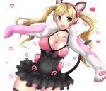  1girl animal_ears blonde_hair breasts cat_ear_headphones cat_ears cat_tail choker cleavage gloves green_eyes headphones heart highres long_hair lucky_chloe namco open_mouth outstretched_arms paw_gloves smile solo tail tekken tekken_7 twintails underbust 