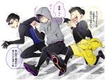  3boys alternate_costume black_hair brothers clothes_around_waist hoodie ichimatsu jacket_around_waist jyushimatsu karamatsu male_focus messy_hair multiple_boys orionwo osomatsu-kun osomatsu-san partly_fingerless_gloves running shoes shorts siblings smile sneakers sportswear sunglasses translation_request 