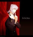  1boy aji_(coastal_area) artist_name curtains earrings english engrish finger_to_mouth highres jewelry jojo_no_kimyou_na_bouken kakyouin_noriaki letterboxed male_focus ranguage scar scar_across_eye shiny solo upper_body white_hair yellow_eyes 