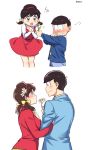  ! 1boy 1girl ^_^ age_progression artist_name bangs black_hair blunt_bangs blush bow brown_hair closed_eyes closed_mouth comic dress eye_contact flower full-face_blush gift hair_bow hair_flower hair_ornament hairband heart height_difference hetero holding holding_flower jacket locked_arms long_sleeves looking_at_another mery_(apfl0515) osomatsu-kun osomatsu-san osomatsu_(osomatsu-kun) outstretched_arm red_dress red_shirt shirt short_twintails simple_background smile standing turtleneck twintails white_background white_shirt yellow_bow younger yowai_totoko 