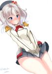  1girl blue_eyes blurry blush breasts depth_of_field embarrassed epaulettes gloves hat highres kantai_collection kashima_(kantai_collection) military military_uniform nebu_soku silver_hair skirt solo twintails uniform 