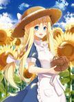 .com 1girl alice_schuberg blonde_hair blue_eyes braid dress flower hat highres long_hair picnic_basket sun_hat sunflower sword_art_online 