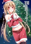  1girl :d bare_shoulders black_legwear black_ribbon blonde_hair blush bobblehat choker christmas_tree elbow_gloves fir_tree fur_trim gloves hair_between_eyes hair_ribbon hat heart highres holding_gift kantai_collection long_hair looking_at_viewer murasame_(kantai_collection) narukami_ginryuu navel night night_sky open_mouth outdoors red_eyes red_gloves red_ribbon red_shirt red_skirt ribbon santa_costume santa_hat shirt skirt sky smile snowflakes snowing solo stomach thigh-highs translation_request twintails very_long_hair walking zettai_ryouiki 