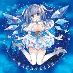  1girl blue_eyes blue_hair breasts capelet carnelian cleavage dress elbow_gloves gloves hair_ornament ice ice_wings large_breasts looking_at_viewer original shoes_removed smile solo tiara white_legwear wings 