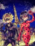  1boy 1girl absurdres black_hair blue_eyes bodysuit chat_noir domino_mask eiffel_tower felix_(miraculous_ladybug) green_sclera helium_(alethea_yarin) hetero highres holding_hands ladybug_(character) long_hair low_twintails magical_girl marinette_cheng mask miraculous_ladybug night night_sky polka_dot sky twintails 