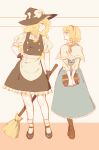  2girls alice_margatroid alternate_height blonde_hair blue_eyes blush broom commentary dress hat height_difference height_swap kirisame_marisa looking_at_another multiple_girls orz_(kagewaka) smile touhou witch_hat 