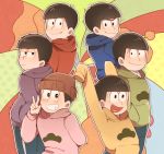  6+boys arm_behind_back arm_up beanie black_hair bowl_cut brothers choromatsu hands_in_pockets hat heart heart_in_mouth hoodie ichimatsu jyushimatsu karamatsu looking_at_viewer looking_back male_focus multicolored_background multiple_boys osomatsu-kun osomatsu-san osomatsu_(osomatsu-kun) sextuplets siblings smile sweatshirt todomatsu v 