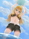 1girl ahoge bikini_top blonde_hair breasts from_below green_eyes highres hoshii_miki hrch72 idolmaster long_hair looking_at_viewer outdoors shorts sky solo tongue under_boob 
