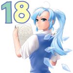  1girl alternate_hair_length alternate_hairstyle blue_eyes blue_hair cirno drawing dress f2d from_behind highres ice ice_wings long_hair looking_at_viewer looking_back no_headwear notebook number older ponytail short_sleeves simple_background solo touhou upper_body white_background wings 