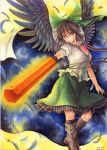  1girl arm_cannon bird_wings black_wings bow brown_hair cape colored_pencil_(medium) feathers hair_bow long_hair mosho paint_(medium) red_eyes reiuji_utsuho shirt skirt solo space third_eye touhou traditional_media very_long_hair watercolor_(medium) weapon wings 
