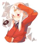 1girl baal_(shiomachi) bandaid breasts forehead original pointy_ears red_eyes shiomachi sidelocks sleeves_past_wrists solo spoken_squiggle squiggle sweater teardrop upper_body white_hair 