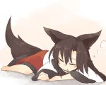  1girl animal_ears blush brooch brown_hair closed_eyes dress imaizumi_kagerou jewelry kaginoni long_hair long_sleeves lying on_stomach open_mouth sleeping solo tail touhou wolf_ears wolf_tail 