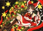  1girl adapted_costume ascot boots bow brown_eyes brown_hair christmas_ornaments christmas_tree colored_pencil_(medium) detached_sleeves gohei hair_bow hair_tubes hakurei_reimu long_hair long_sleeves looking_at_viewer mosho open_mouth paint_(medium) santa_costume shirt skirt skirt_set smile solo touhou traditional_media watercolor_(medium) wide_sleeves 